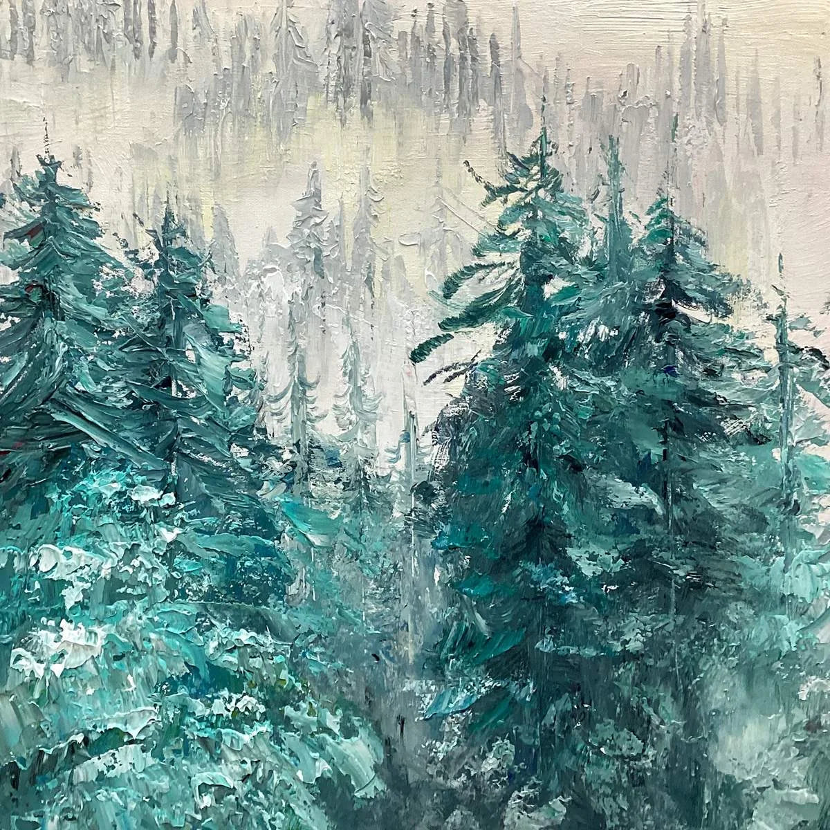 MISTY PINES: Panoramic Forest Landscape Painting, Misty Trees, Green | rolled canvas, ready for custom framing