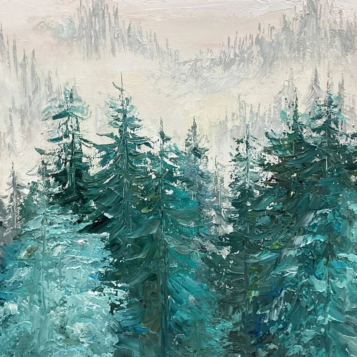 MISTY PINES: Panoramic Forest Landscape Painting, Misty Trees, Green | black frame version on white wall