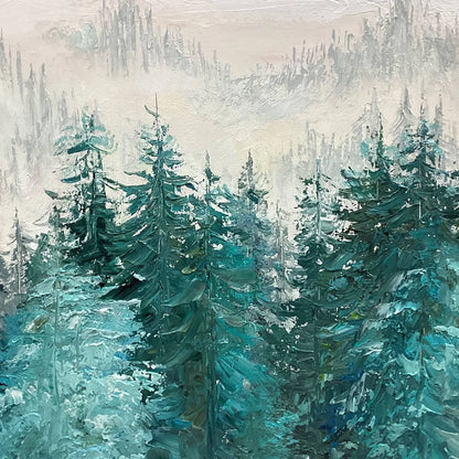 MISTY PINES: Panoramic Forest Landscape Painting, Misty Trees, Green | black frame version on white wall