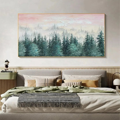 MISTY PINES: Panoramic Forest Landscape Painting, Misty Trees, Green | Landscape mood, soft natural light studio shot