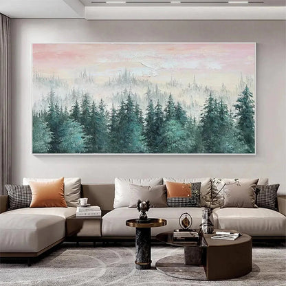 MISTY PINES: Panoramic Forest Landscape Painting, Misty Trees, Green | green palette, original oil on stretched canvas art