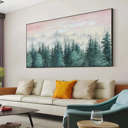 MISTY PINES: Panoramic Forest Landscape Painting, Misty Trees, Green | texture detail, palette knife marks visible