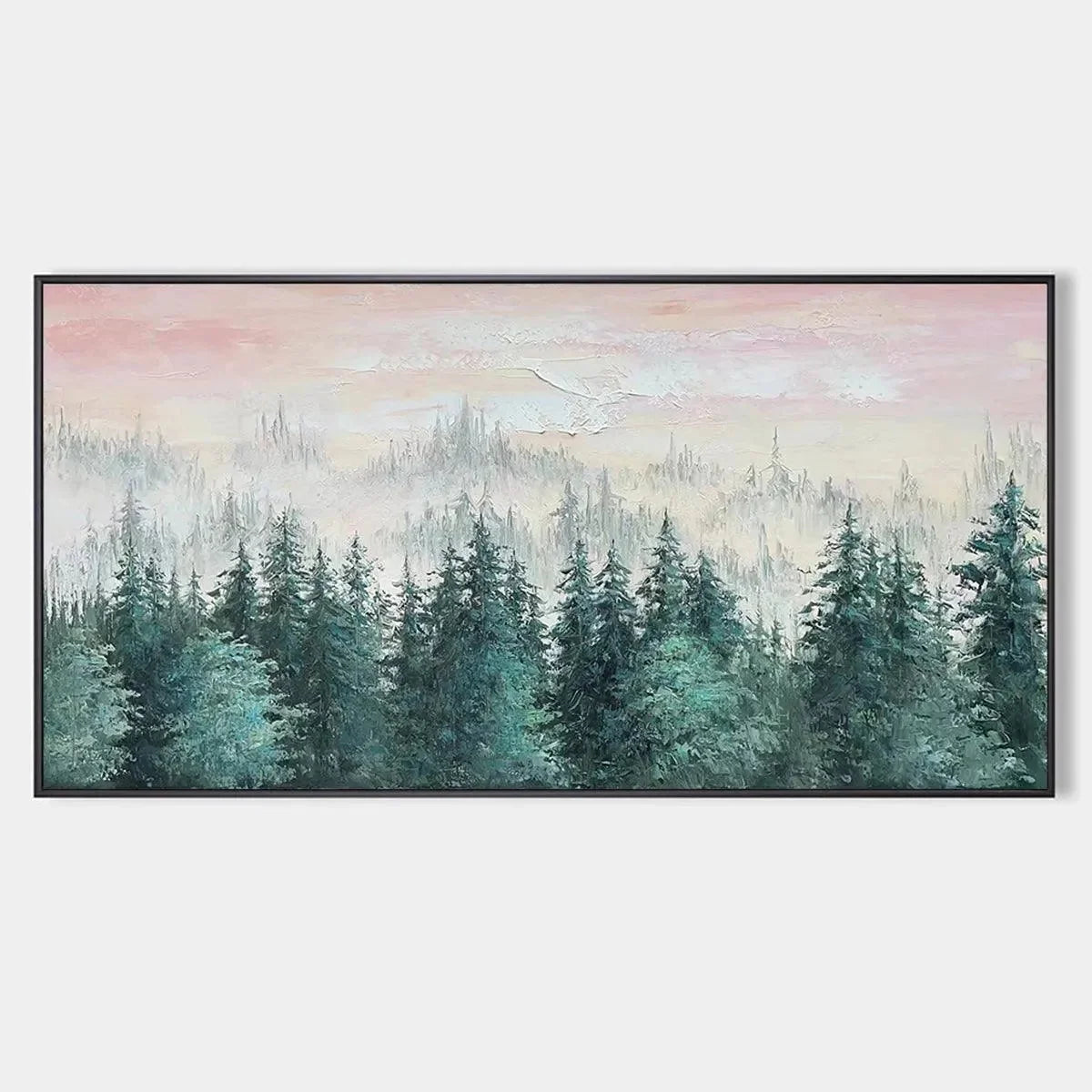 MISTY PINES: Panoramic Forest Landscape Painting, Misty Trees, Green | hanging in living room, Landscape wall art