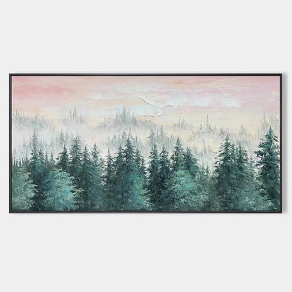 MISTY PINES: Panoramic Forest Landscape Painting, Misty Trees, Green | hanging in living room, Landscape wall art