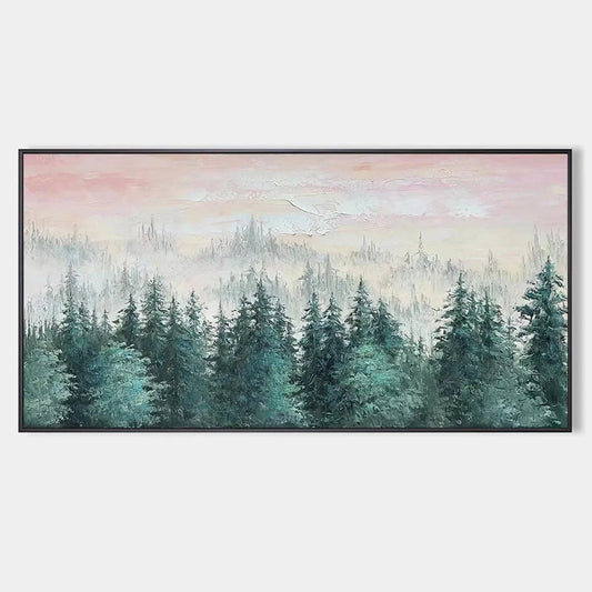 MISTY PINES: Panoramic Forest Landscape Painting, Misty Trees, Green | hanging in living room, Landscape wall art