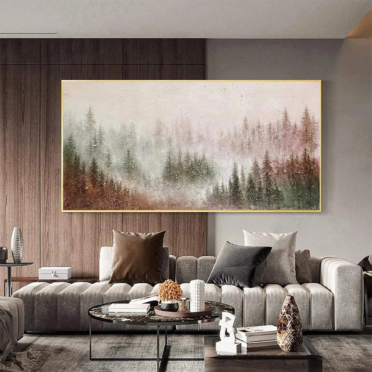 MISTY PINES: Panoramic Misty Forest Landscape Oil Painting | gold frame stretched on neutral wall