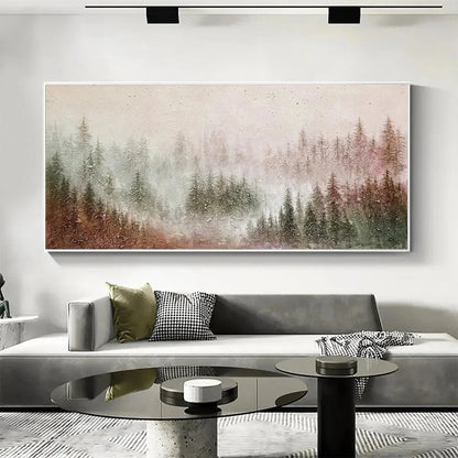 MISTY PINES: Panoramic Misty Forest Landscape Oil Painting | rolled canvas, ready for custom framing