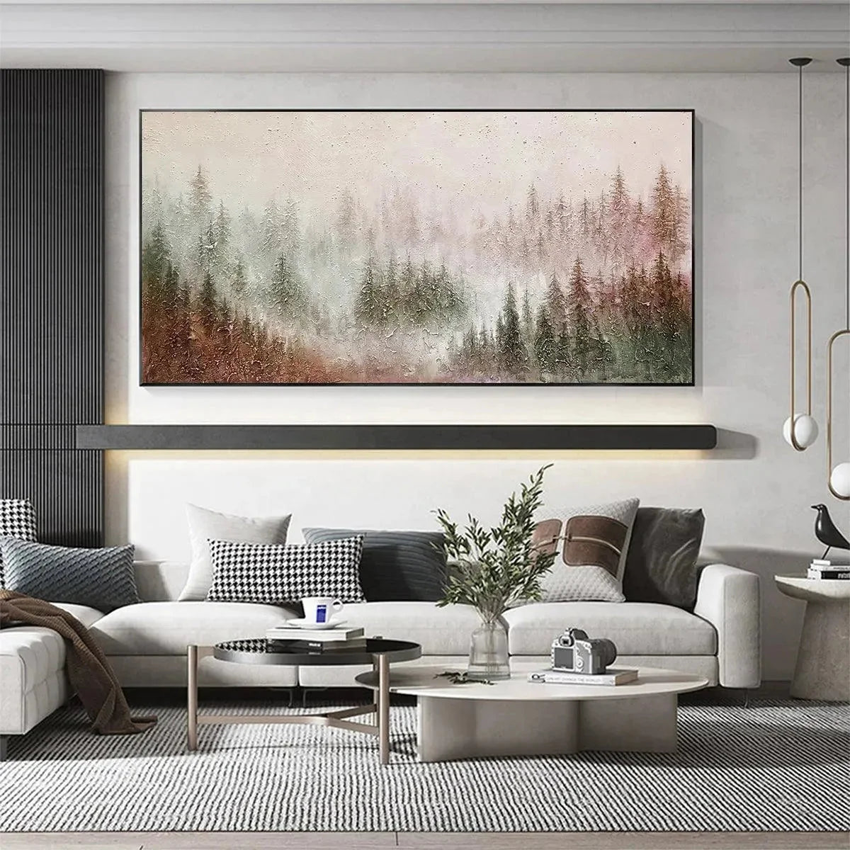MISTY PINES: Panoramic Misty Forest Landscape Oil Painting | black frame version on white wall
