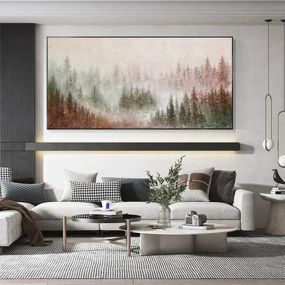 MISTY PINES: Panoramic Misty Forest Landscape Oil Painting | black frame version on white wall