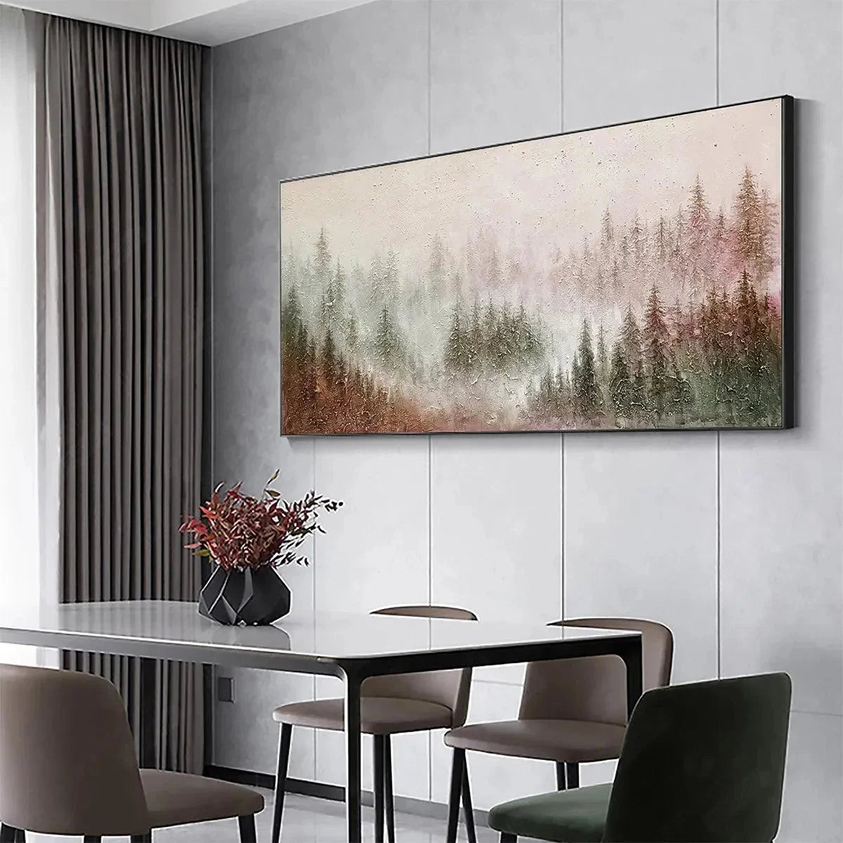 MISTY PINES: Panoramic Misty Forest Landscape Oil Painting | Landscape mood, soft natural light studio shot