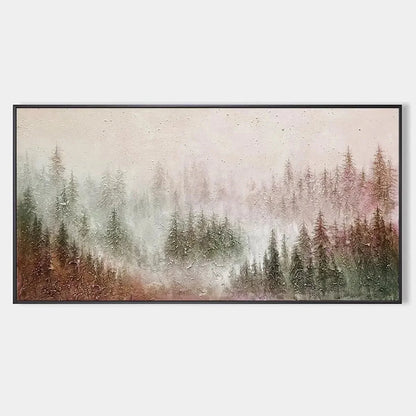 MISTY PINES: Panoramic Misty Forest Landscape Oil Painting | hanging in living room, Landscape wall art