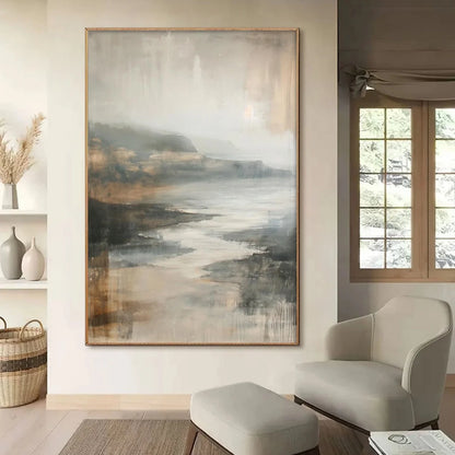 MISTY SHORES: Minimalist Coastal Landscape Oil Painting | Landscape closeup, raised brushwork detail