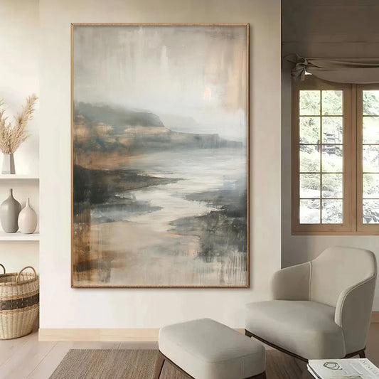 MISTY SHORES: Minimalist Coastal Landscape Oil Painting