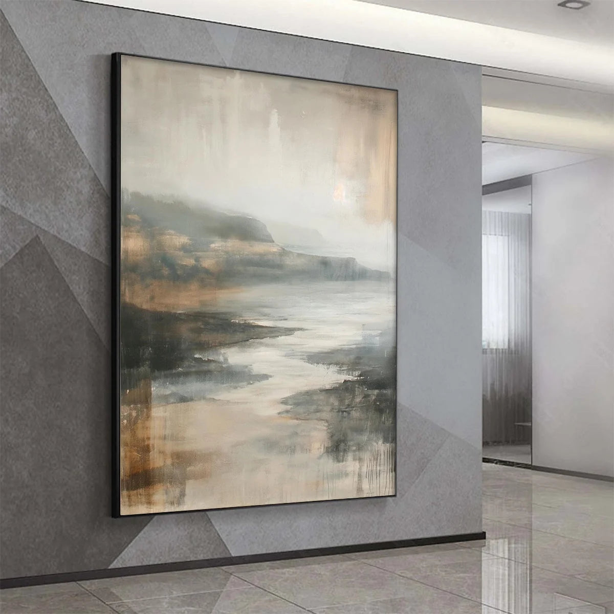 MISTY SHORES: Minimalist Coastal Landscape Oil Painting | gold frame stretched on neutral wall