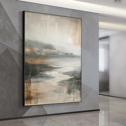 MISTY SHORES: Minimalist Coastal Landscape Oil Painting | gold frame stretched on neutral wall