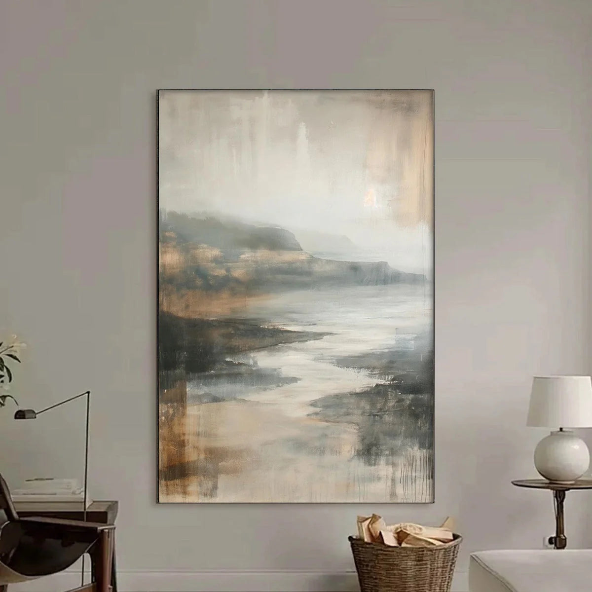 MISTY SHORES: Minimalist Coastal Landscape Oil Painting | black frame version on white wall