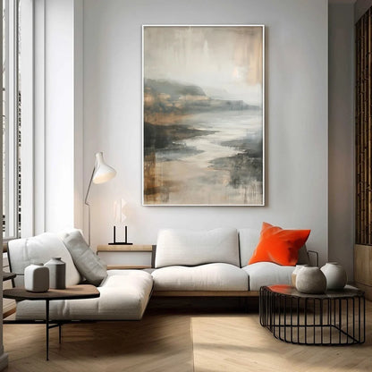 MISTY SHORES: Minimalist Coastal Landscape Oil Painting | Landscape mood, soft natural light studio shot