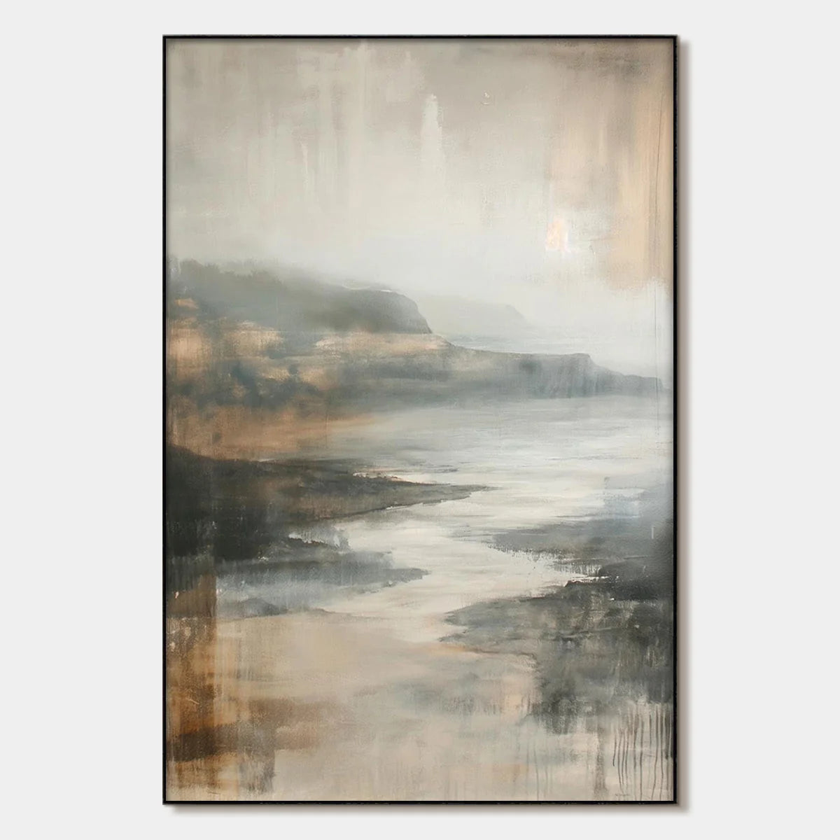 MISTY SHORES: Minimalist Coastal Landscape Oil Painting | hanging in living room, Landscape wall art
