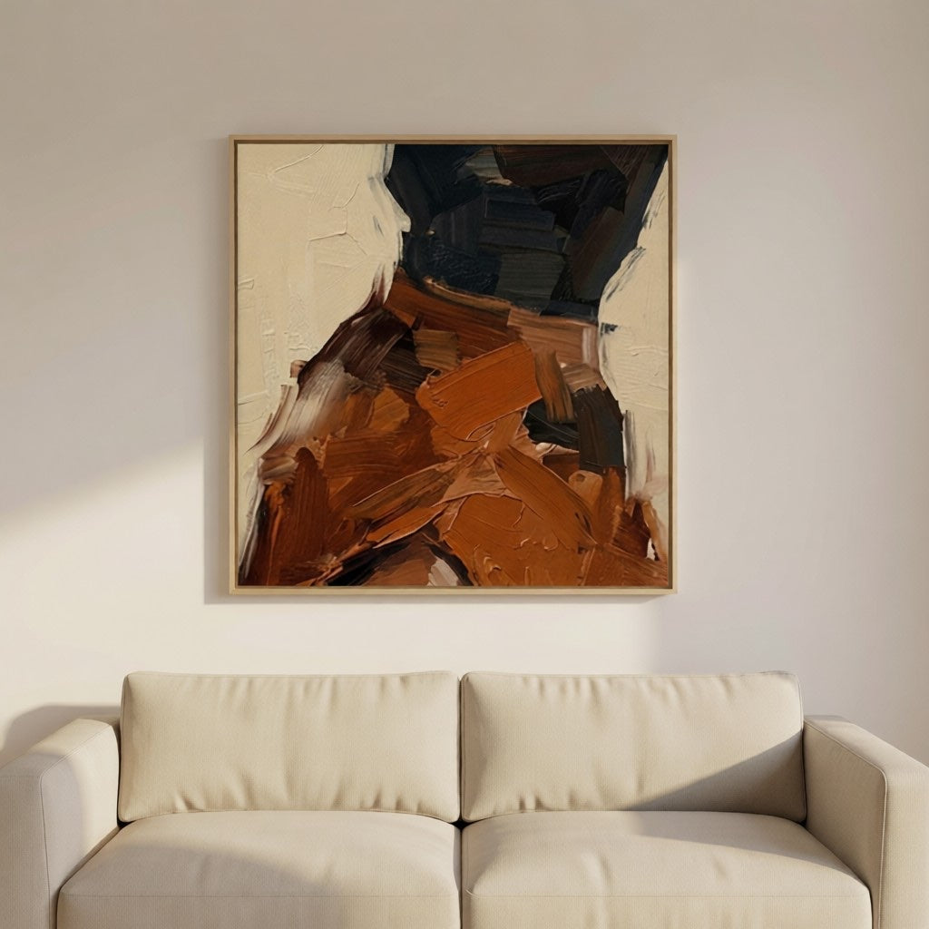 Modern Abstract Earth Tone Textured Oil Painting for Living Room styled in a refined neutral room setting to show wall scale, calm proportion, and interior decor mood.
