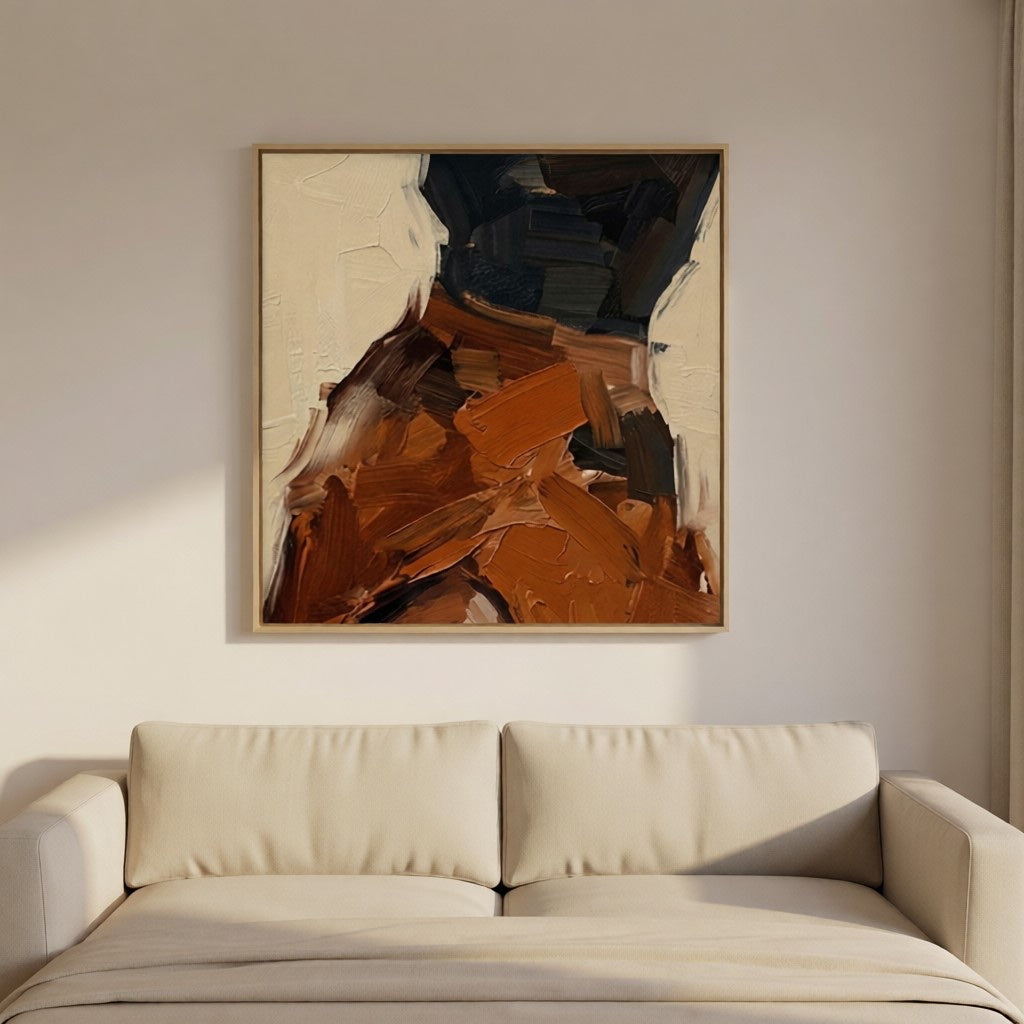 Modern Abstract Earth Tone Textured Oil Painting for Living Room styled in a refined neutral room setting to show wall scale, calm proportion, and interior decor mood.