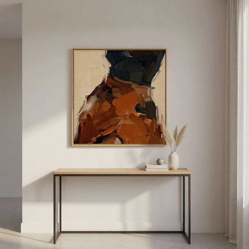 Modern Abstract Earth Tone Textured Oil Painting for Living Room styled in a refined neutral room setting to show wall scale, calm proportion, and interior decor mood.