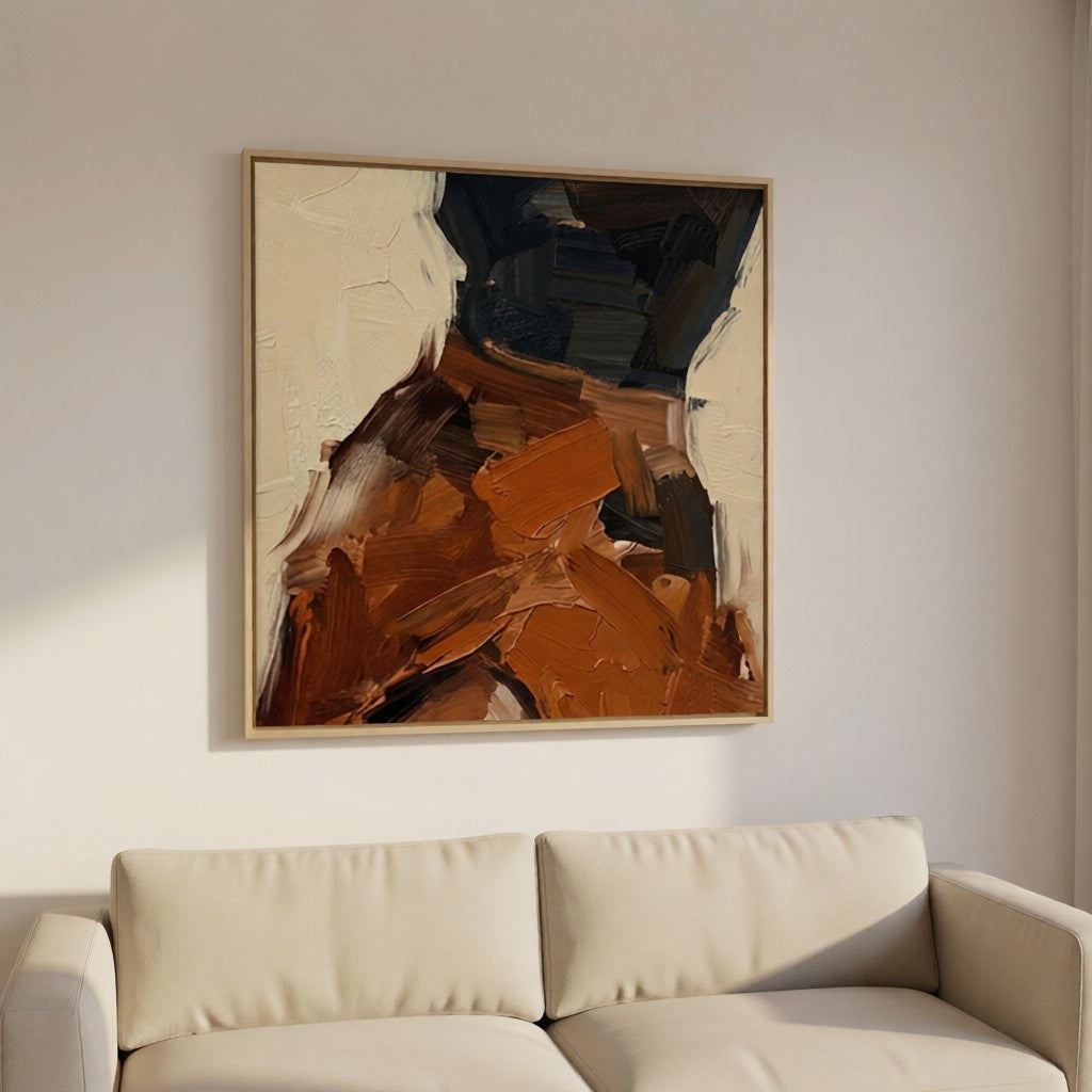 Modern Abstract Earth Tone Textured Oil Painting for Living Room styled in a refined neutral room setting to show wall scale, calm proportion, and interior decor mood.