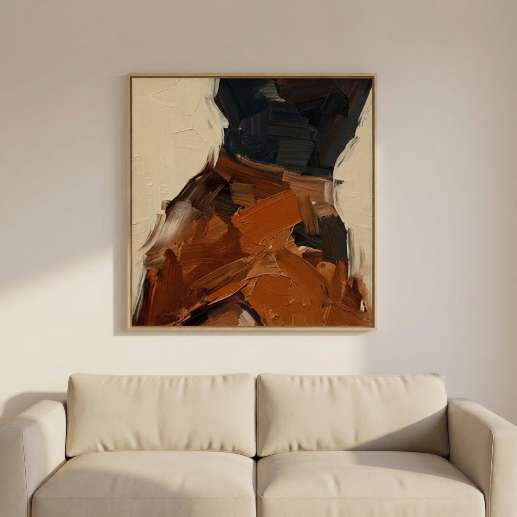 Modern Abstract Earth Tone Textured Oil Painting for Living Room styled in a refined neutral room setting to show wall scale, calm proportion, and interior decor mood.
