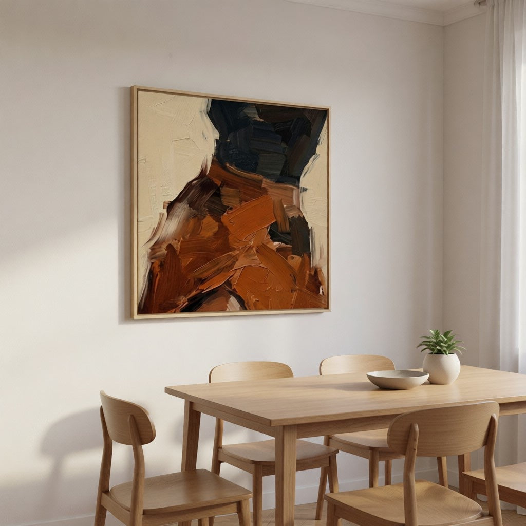 Modern Abstract Earth Tone Textured Oil Painting for Living Room styled in a refined neutral room setting to show wall scale, calm proportion, and interior decor mood.