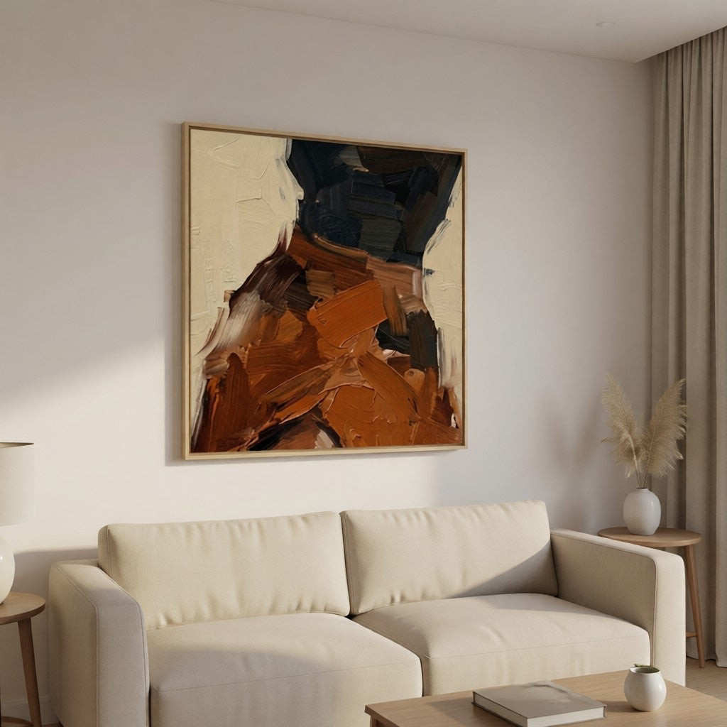 Modern Abstract Earth Tone Textured Oil Painting for Living Room styled in a refined neutral room setting to show wall scale, calm proportion, and interior decor mood.