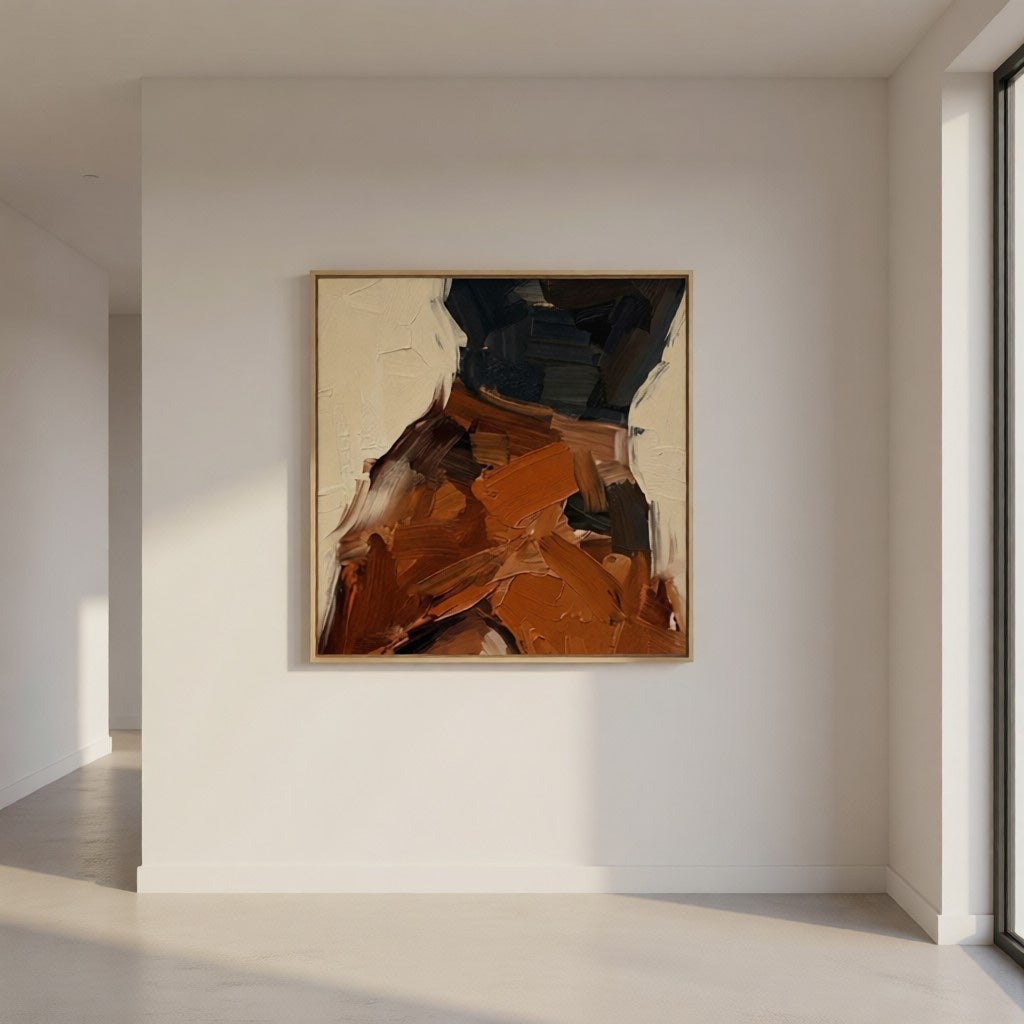 Modern Abstract Earth Tone Textured Oil Painting for Living Room styled in a refined neutral room setting to show wall scale, calm proportion, and interior decor mood.