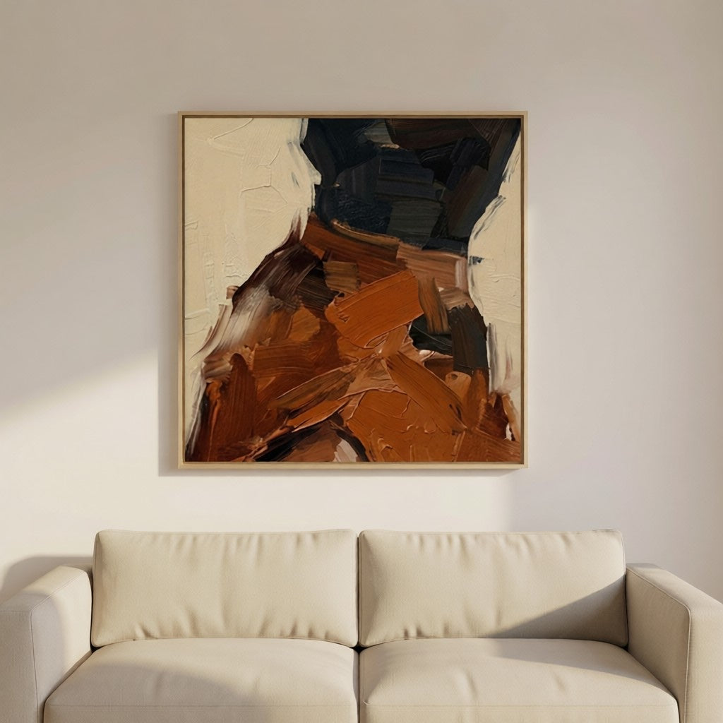 Modern Abstract Earth Tone Textured Oil Painting for Living Room styled in a refined neutral room setting to show wall scale, calm proportion, and interior decor mood.
