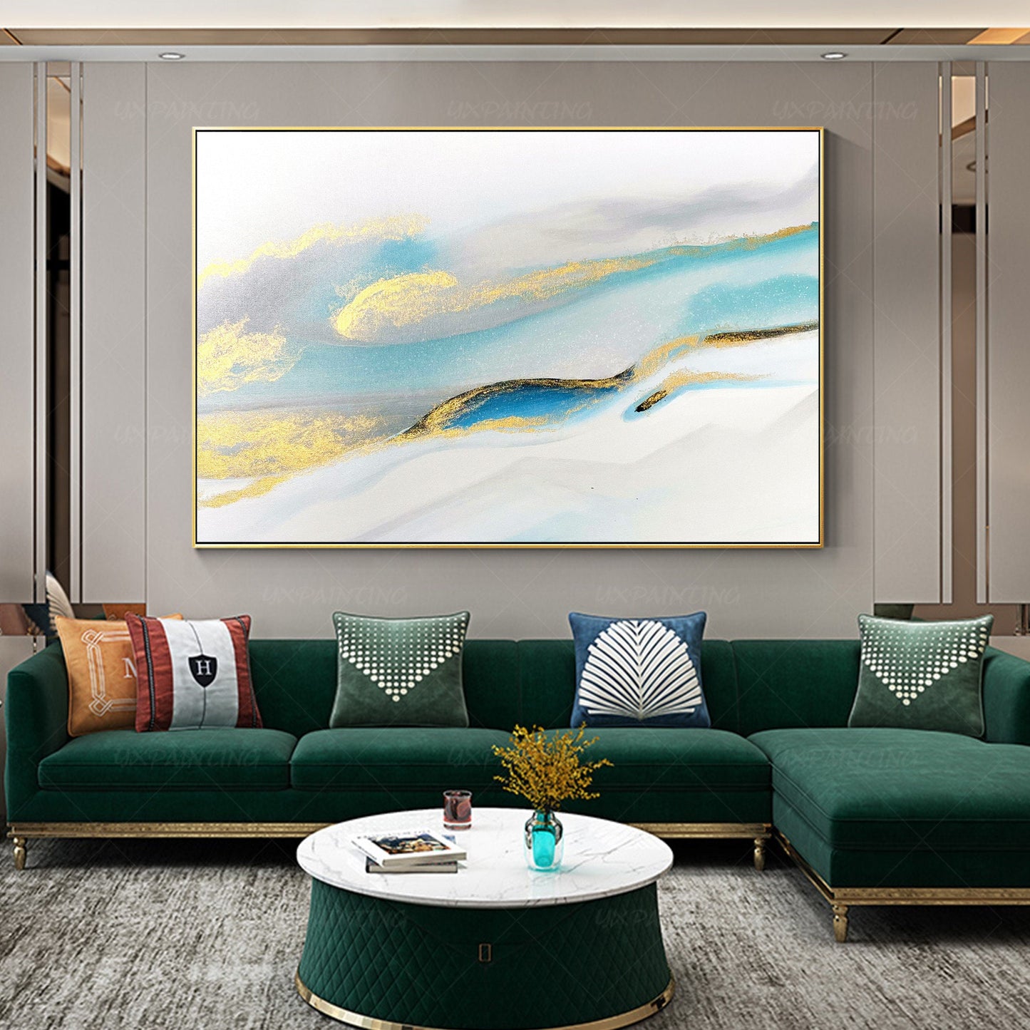 Modern Abstract Painting: Gold, Blue & Teal Watercolor Art #2