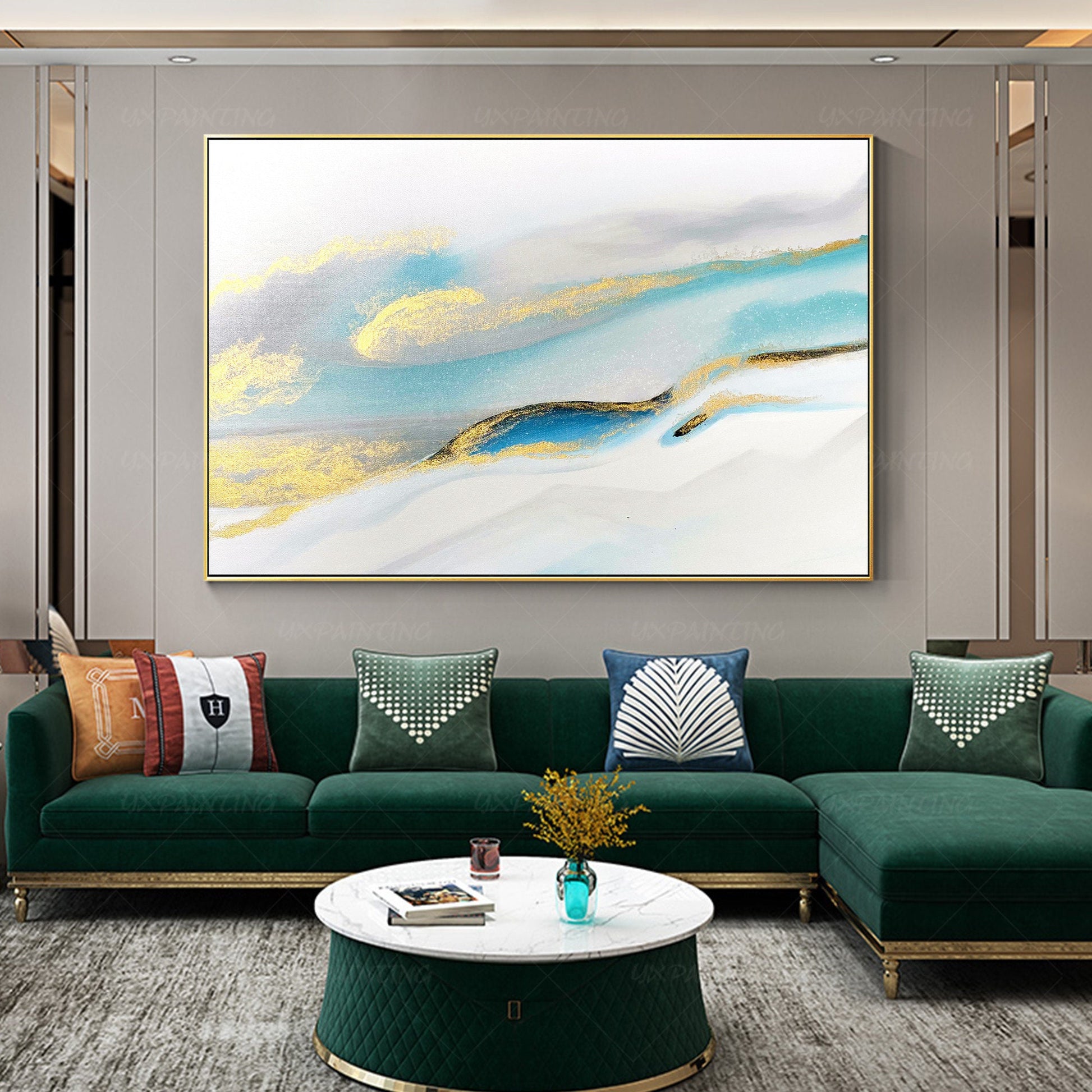 Modern Abstract Painting: Gold, Blue & Teal Watercolor Art #2