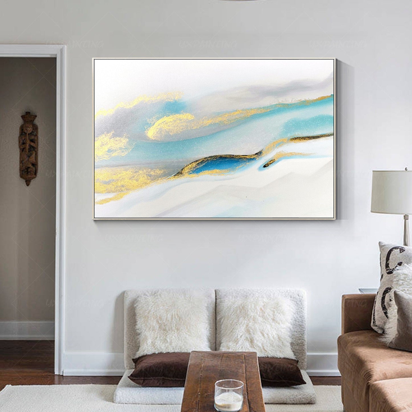 Modern Abstract Painting: Gold, Blue & Teal Watercolor Art #3