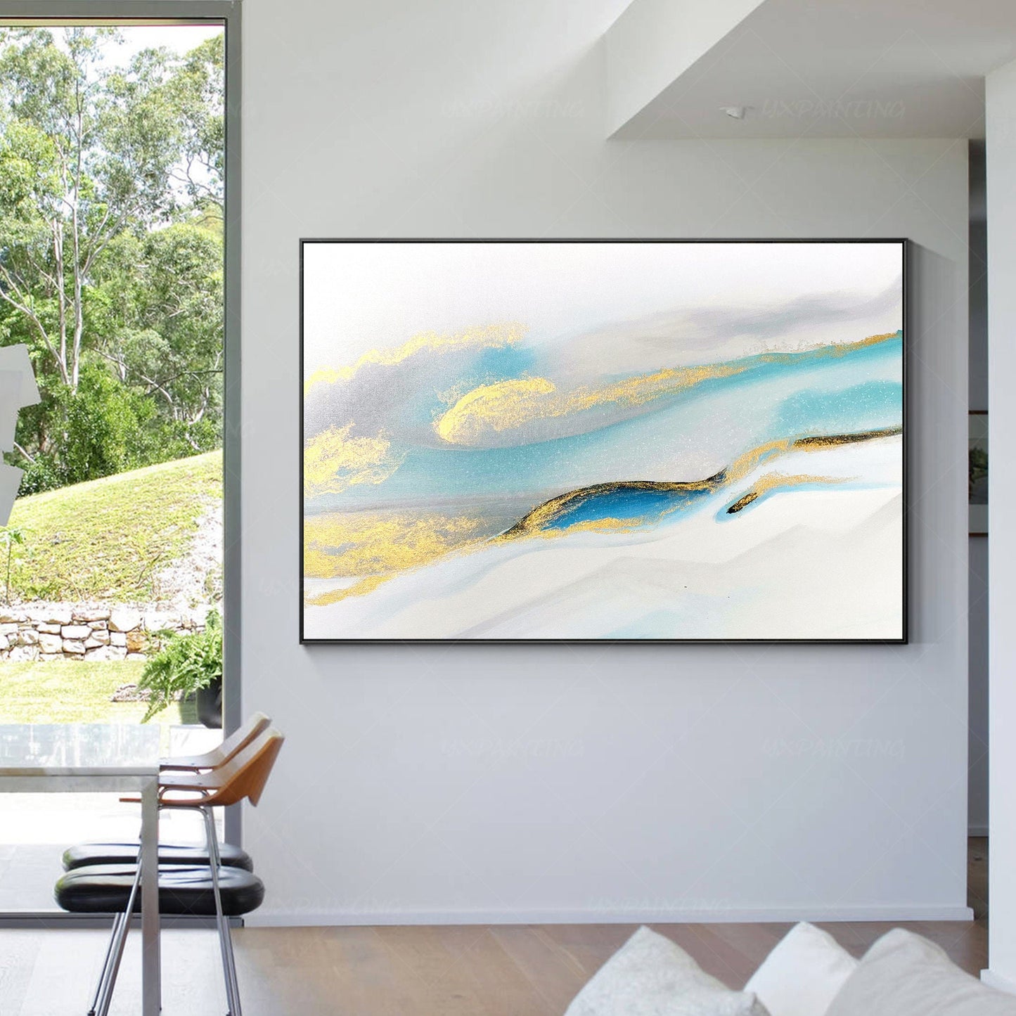 Modern Abstract Painting: Gold, Blue & Teal Watercolor Art #4