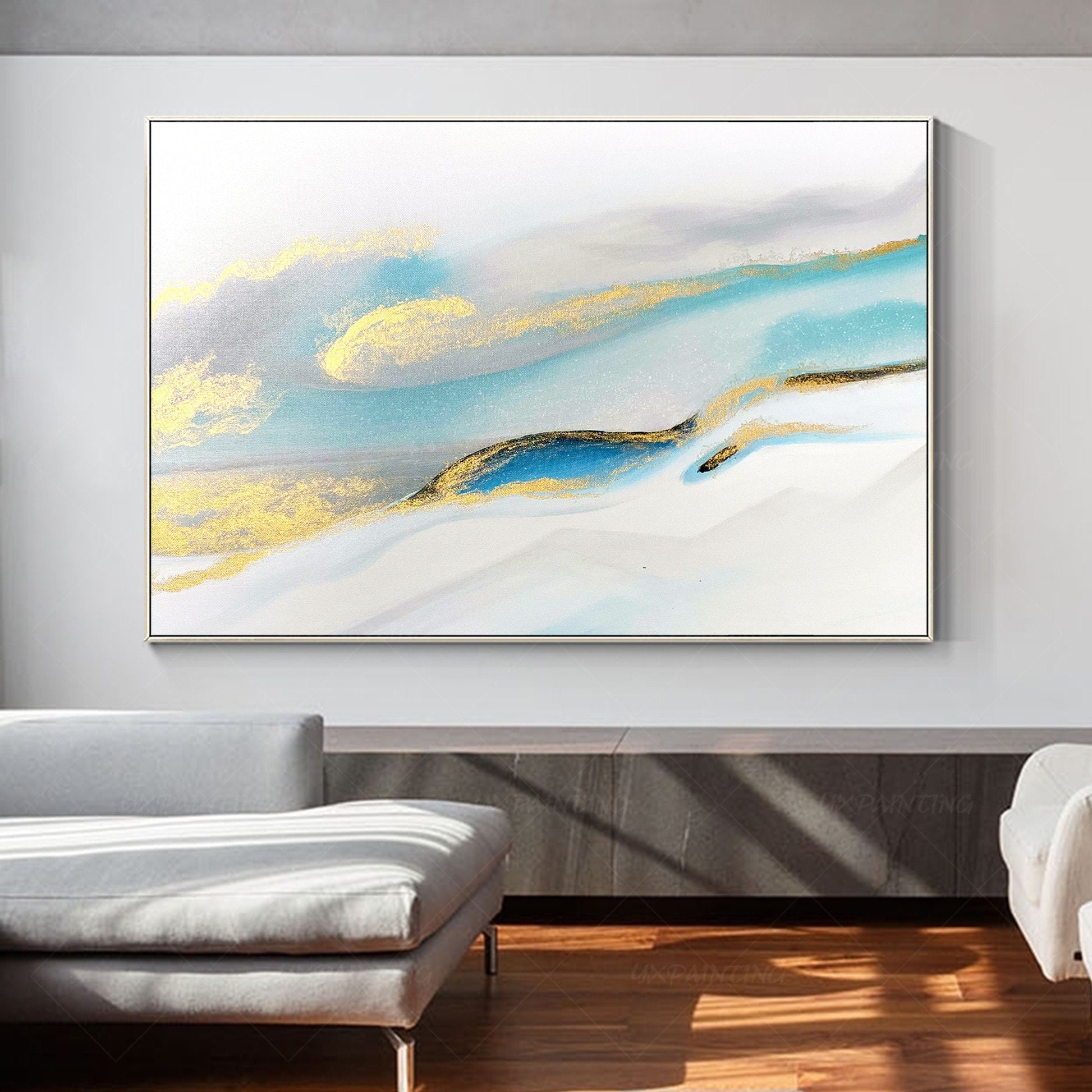 Modern Abstract Painting: Gold, Blue & Teal Watercolor Art #5
