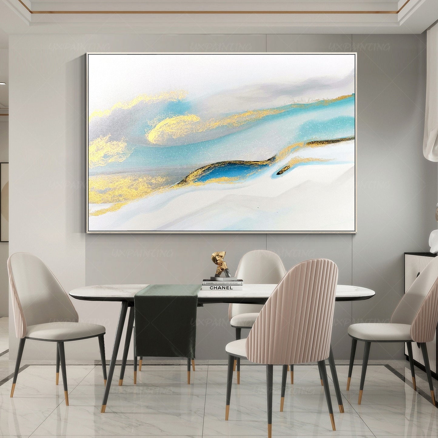 Modern Abstract Painting: Gold, Blue & Teal Watercolor Art #1