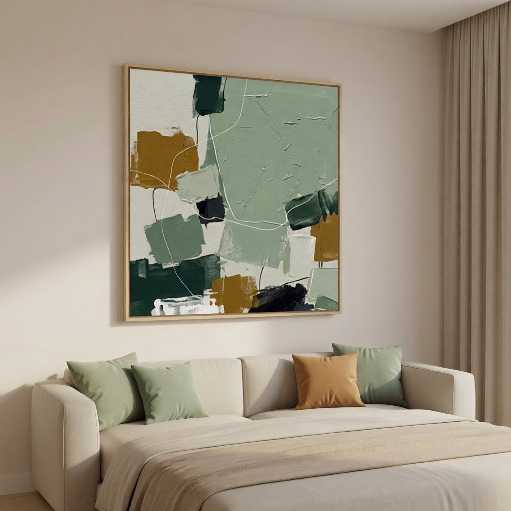 Modern Abstract Sage Green & Ochre Oil Painting Wall Art styled in a refined neutral room setting to show wall scale, calm proportion, and interior decor mood.
