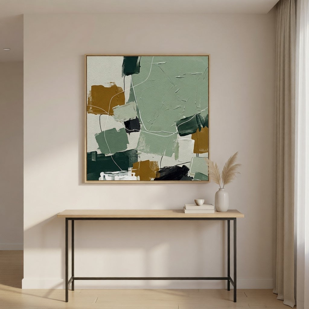 Modern Abstract Sage Green & Ochre Oil Painting Wall Art styled in a refined neutral room setting to show wall scale, calm proportion, and interior decor mood.