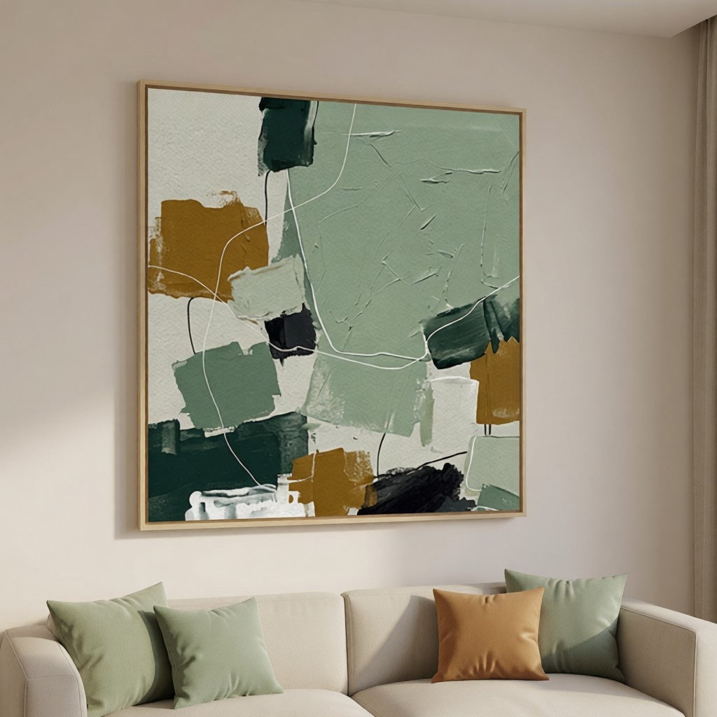 Modern Abstract Sage Green & Ochre Oil Painting Wall Art styled in a refined neutral room setting to show wall scale, calm proportion, and interior decor mood.