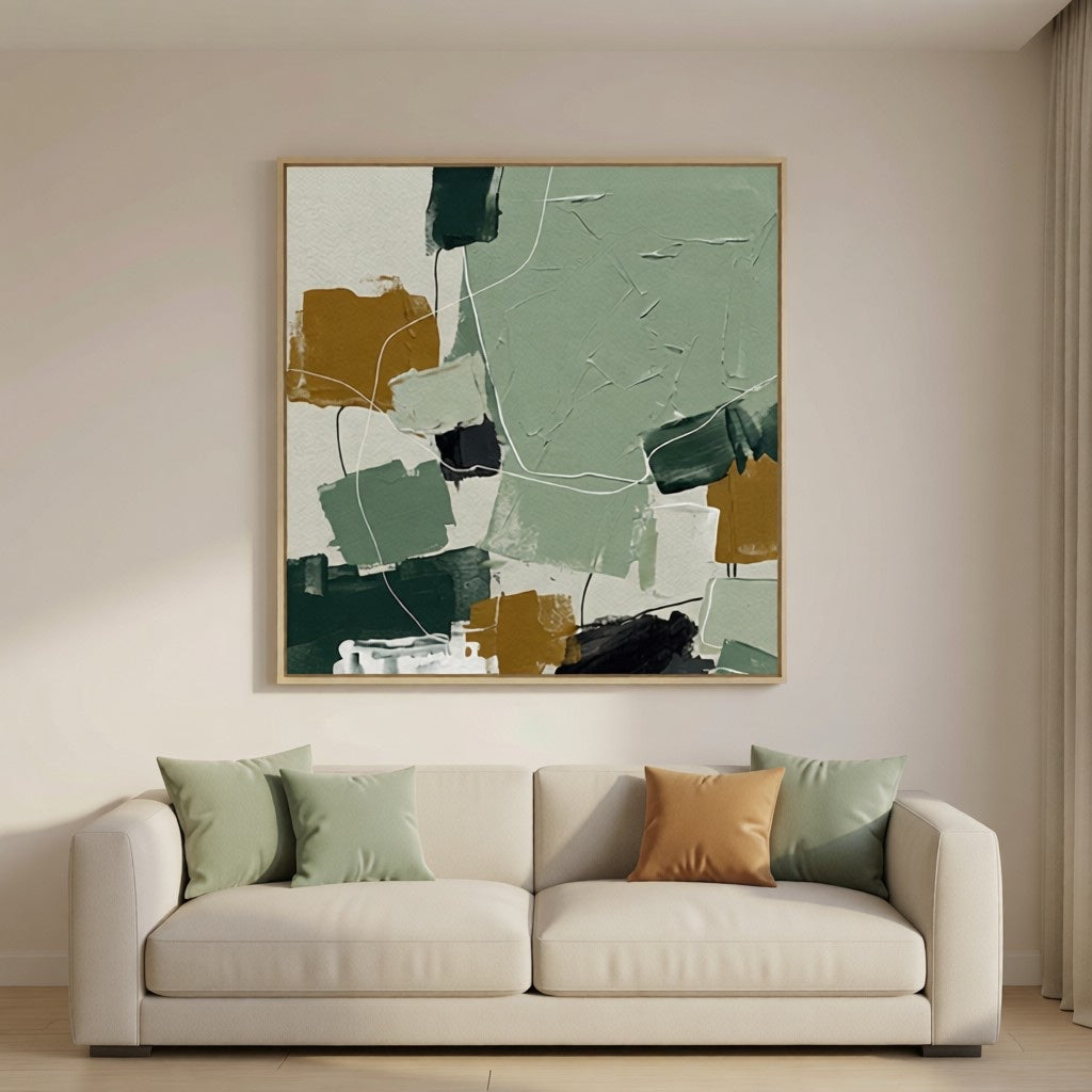 Modern Abstract Sage Green & Ochre Oil Painting Wall Art styled in a refined neutral room setting to show wall scale, calm proportion, and interior decor mood.