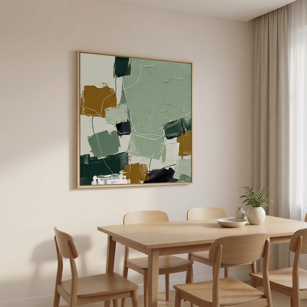 Modern Abstract Sage Green & Ochre Oil Painting Wall Art styled in a refined neutral room setting to show wall scale, calm proportion, and interior decor mood.