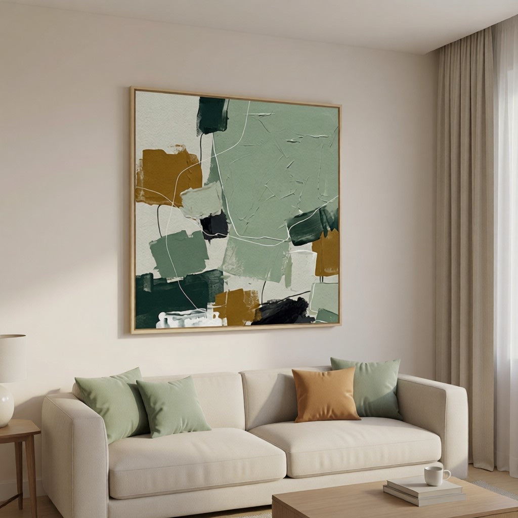 Modern Abstract Sage Green & Ochre Oil Painting Wall Art styled in a refined neutral room setting to show wall scale, calm proportion, and interior decor mood.