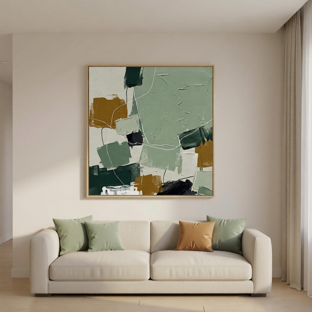 Modern Abstract Sage Green & Ochre Oil Painting Wall Art styled in a refined neutral room setting to show wall scale, calm proportion, and interior decor mood.
