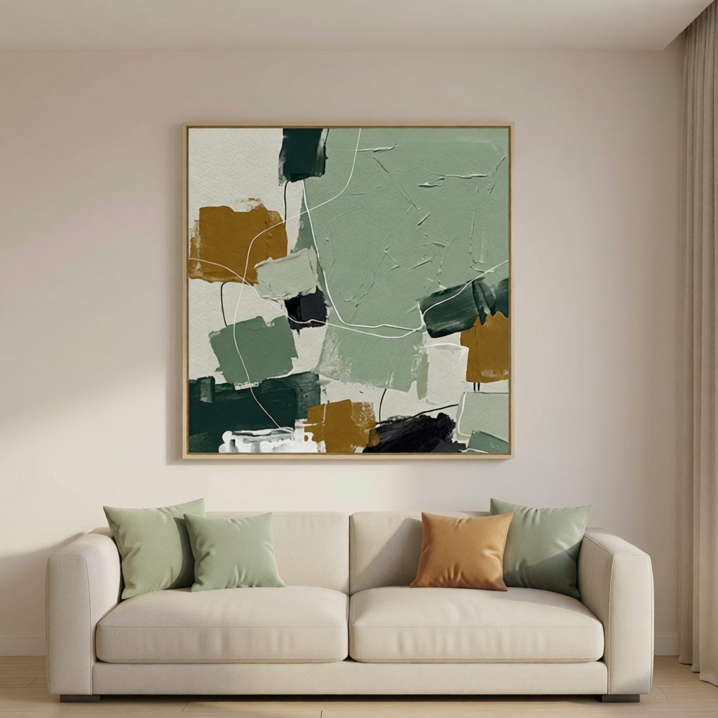 Modern Abstract Sage Green & Ochre Oil Painting Wall Art styled in a refined neutral room setting to show wall scale, calm proportion, and interior decor mood.