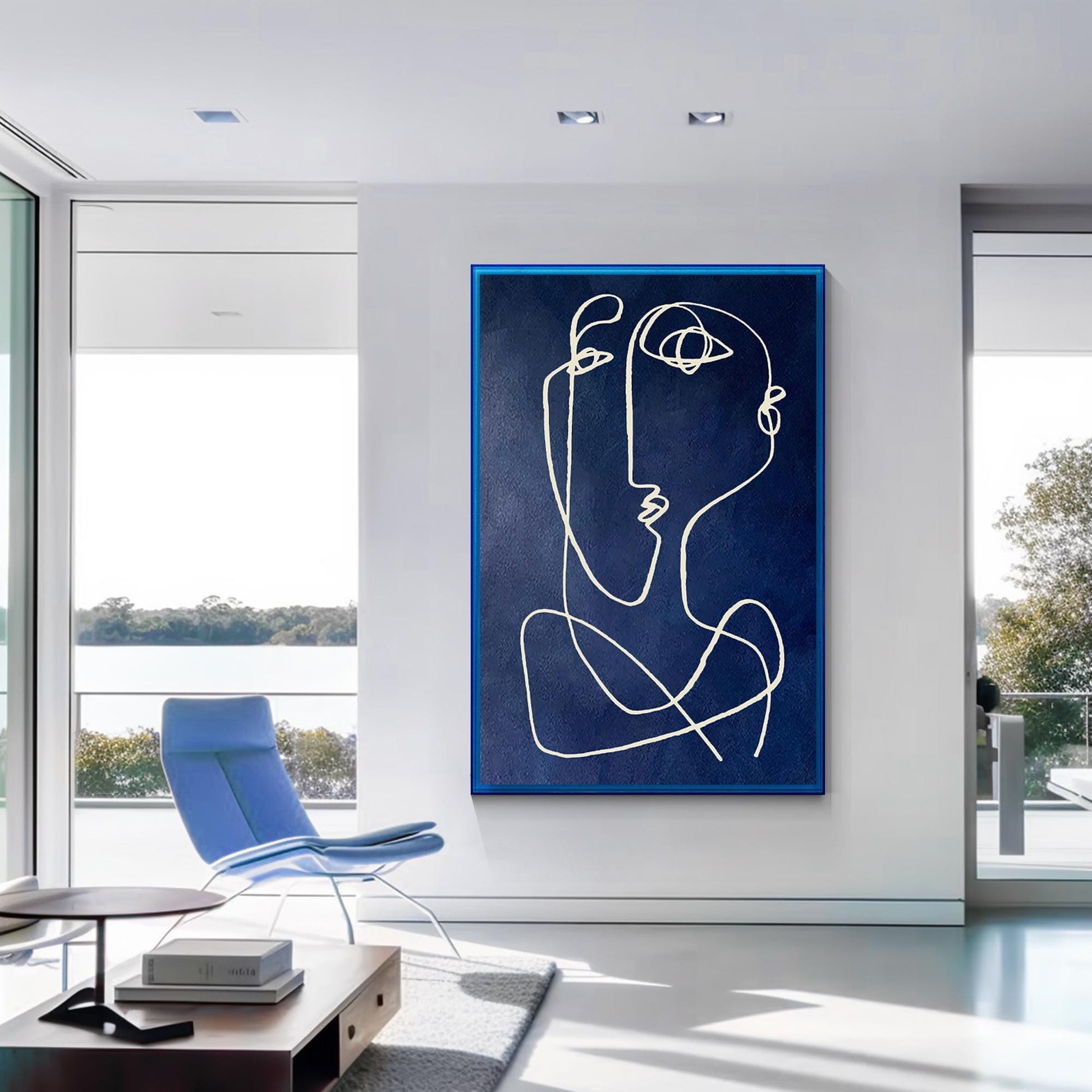 Modern Picasso Style Wall Art, Navy Blue Line Abstract Painting, Textured Minima #2