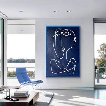 Modern Picasso Style Wall Art, Navy Blue Line Abstract Painting, Textured Minima #2