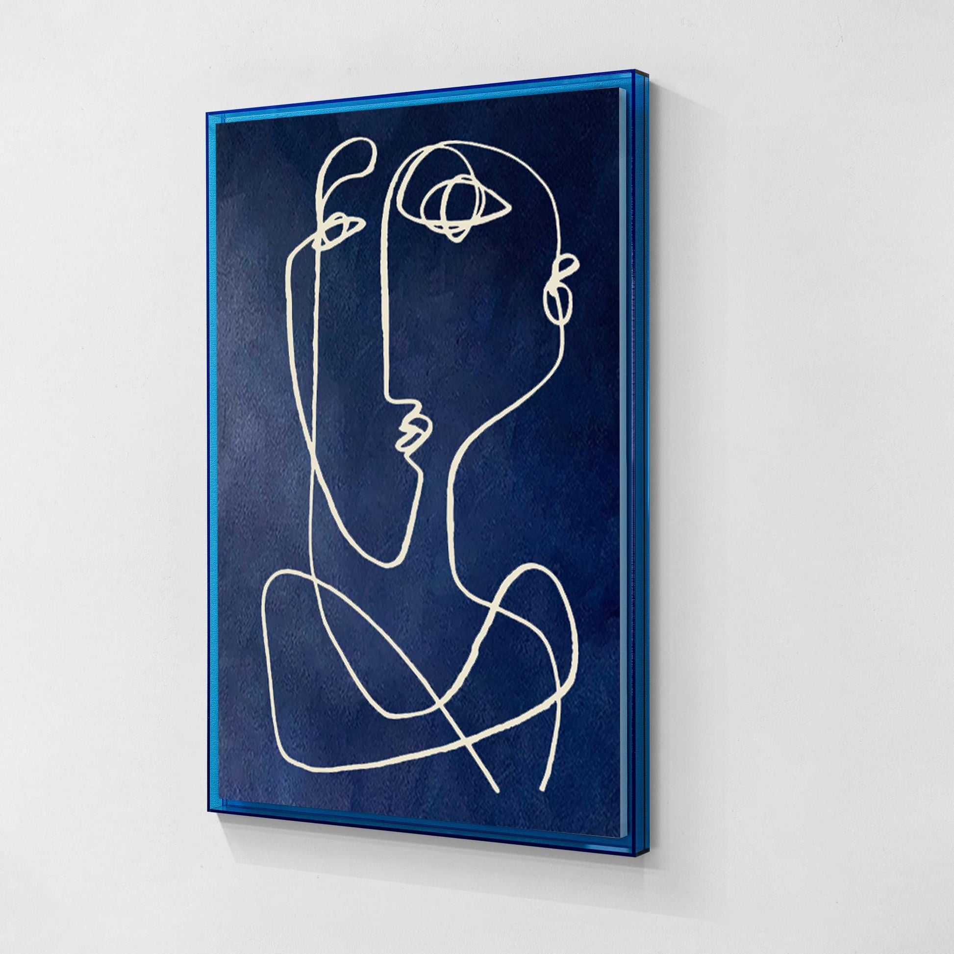 Modern Picasso Style Wall Art, Navy Blue Line Abstract Painting, Textured Minima #11