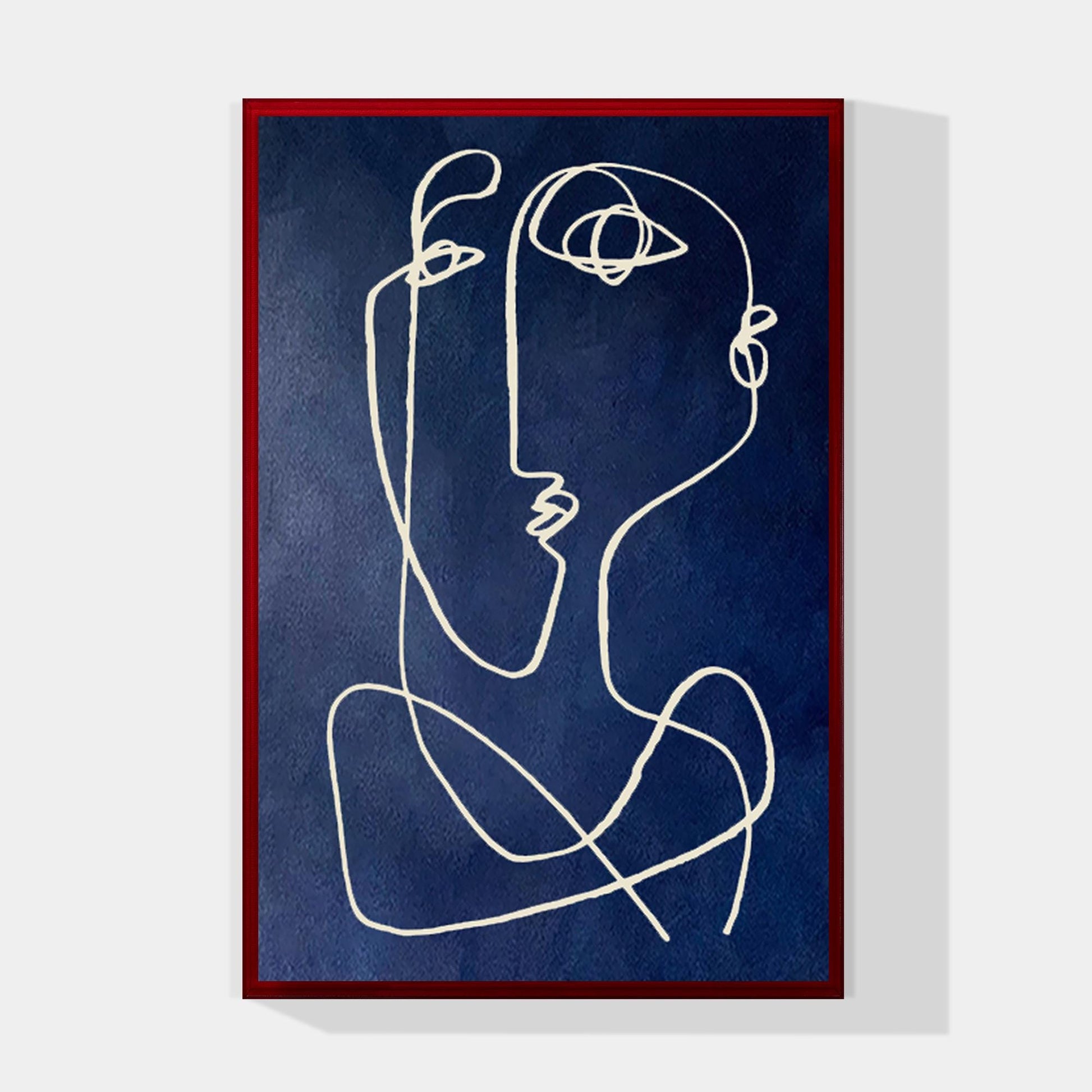 Modern Picasso Style Wall Art, Navy Blue Line Abstract Painting, Textured Minima #12