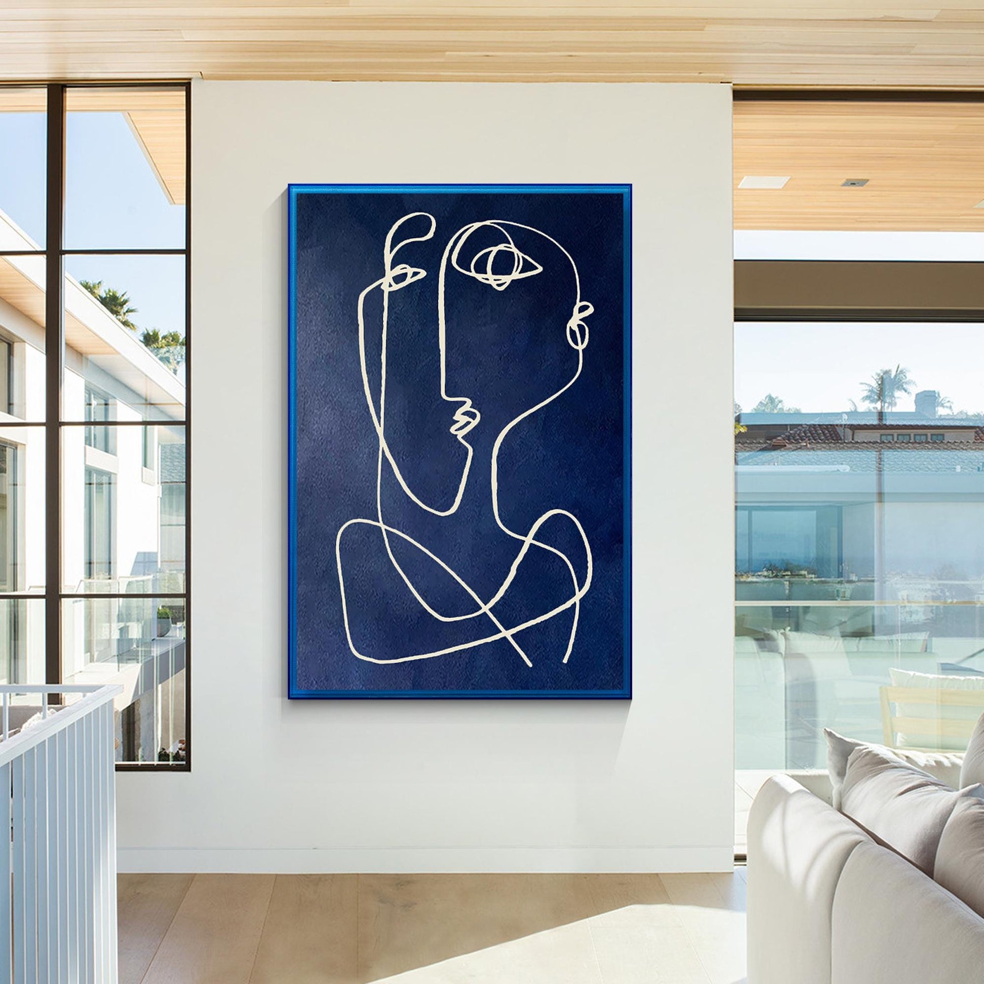 Modern Picasso Style Wall Art, Navy Blue Line Abstract Painting, Textured Minima #3
